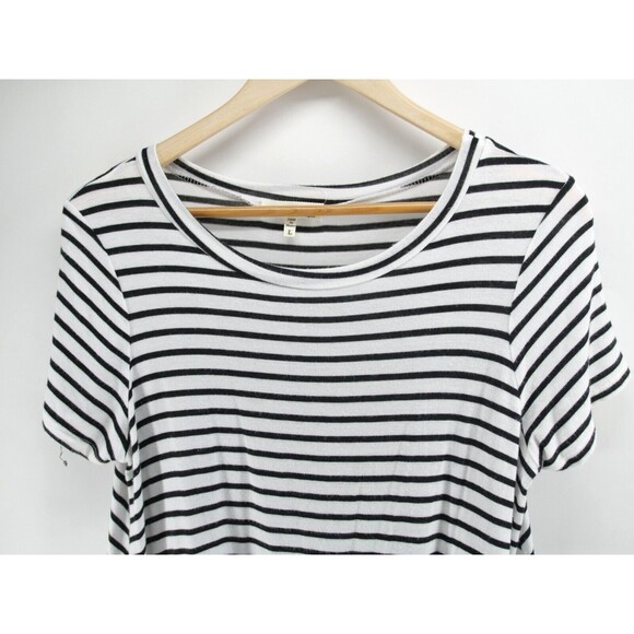 Monteau Los Angeles Top Women’s Black White Striped SPLICED TEE Large‎ Rayon - Picture 2 of 8